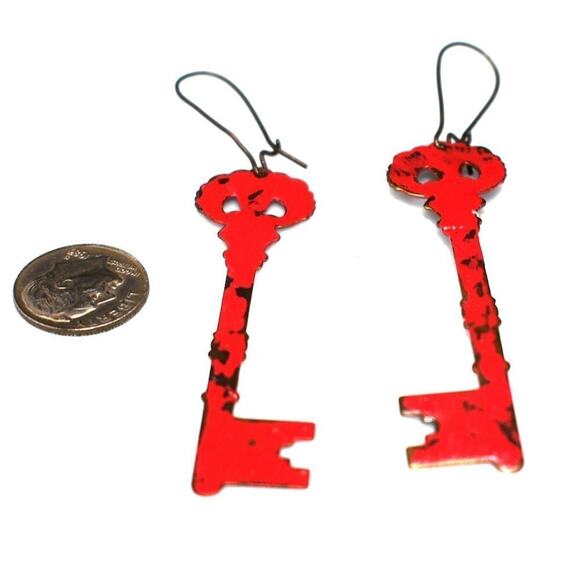 Vintage Red Enamel Key Earrings, Rustic Artisan Long Ear Wire Earrings, 3 1/2" - Picture 1 of 10